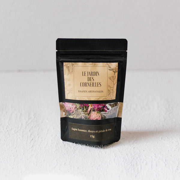 Balsam fir, cedar and rose petal herbal tea